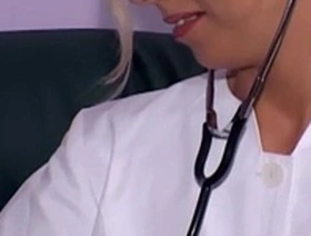 Blonde nurse fucking in white stockings and heels
