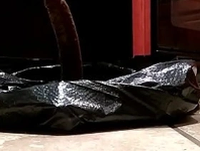 Sexy ebony slut throwing up food on dildo