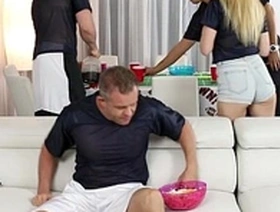 Gigi Flamez, a teen, gets intimate with her pervy stepuncle on the sofa during the SuperBowl in this explicit video