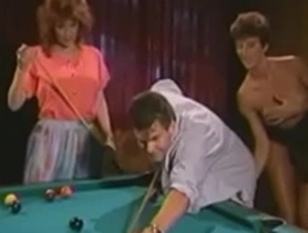 Nasty brunette sharon mitchell and playful redhaired floozie viper became worn out muscular dude to the billiard saloon and made him fuck both of them right on the pool table