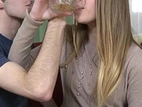 Dissolute girl banging with two guys and licking cum from her face